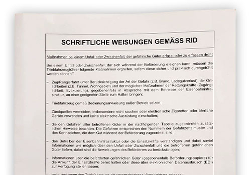 Schriftliche Weisungen Schiene